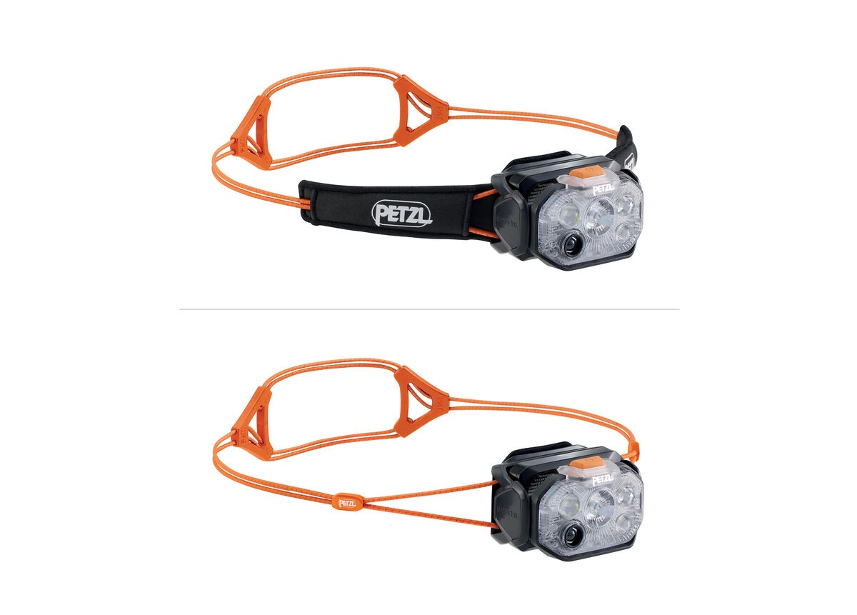 Petzl SWIFT RL 2026 — dva zábery ultratenkého oranžového pásika: hore s nasadenou čiernou komfortnou výstužou, dole bez nej