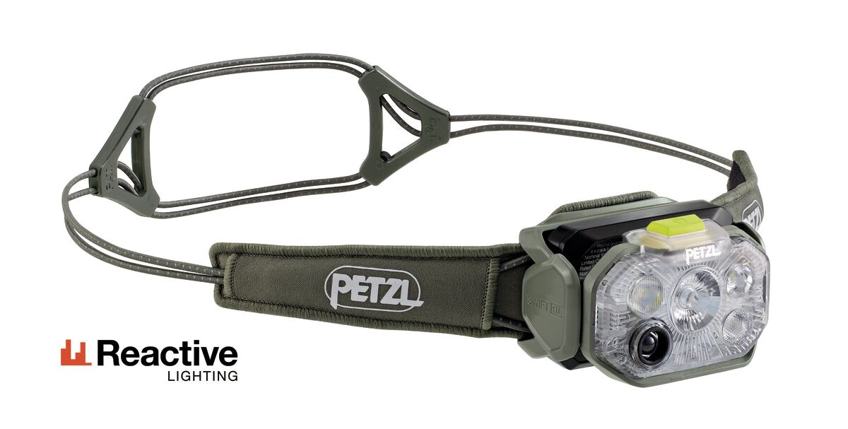Petzl SWIFT RL 2026 čierno-oranžová v zelenej farbe — čelovka s hlavovým pásikom