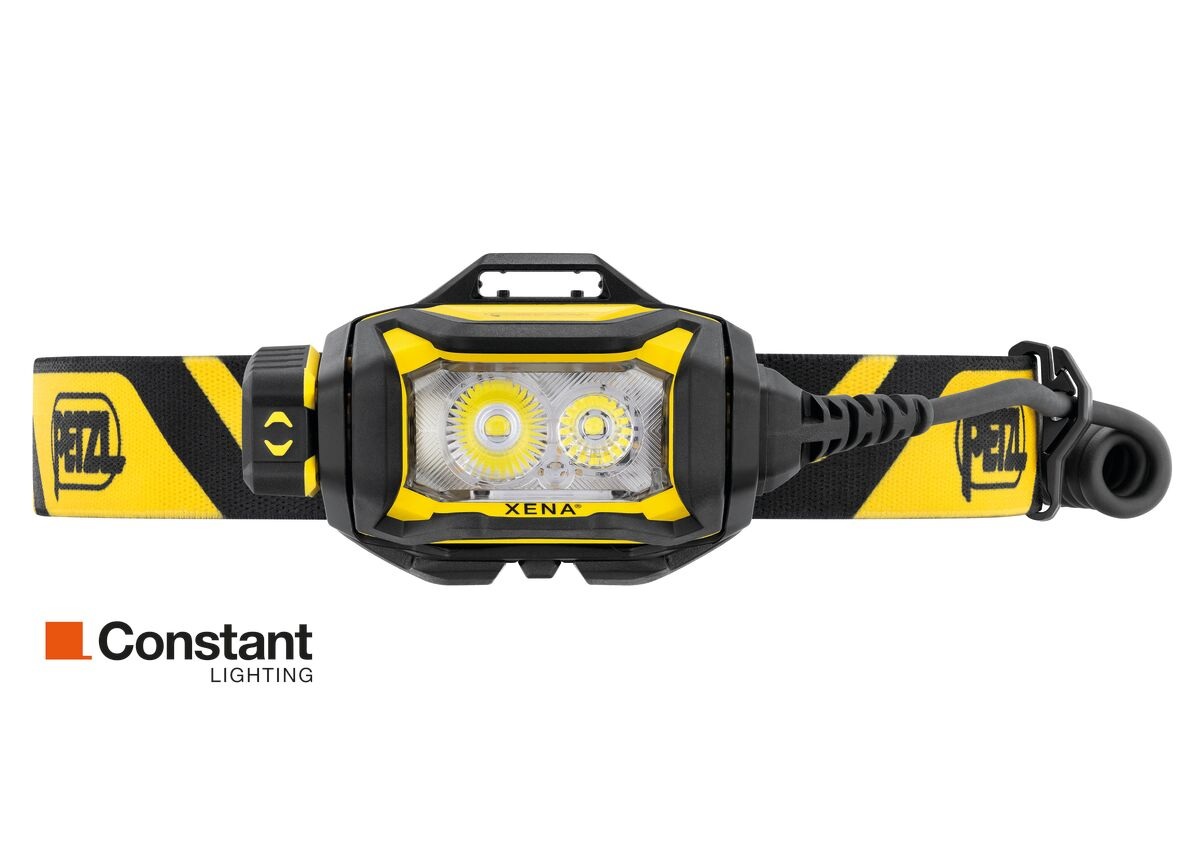 Petzl XENA — čelovka v žltej farbe, hmotnosť 185 g, produktová fotka na bielom pozadí