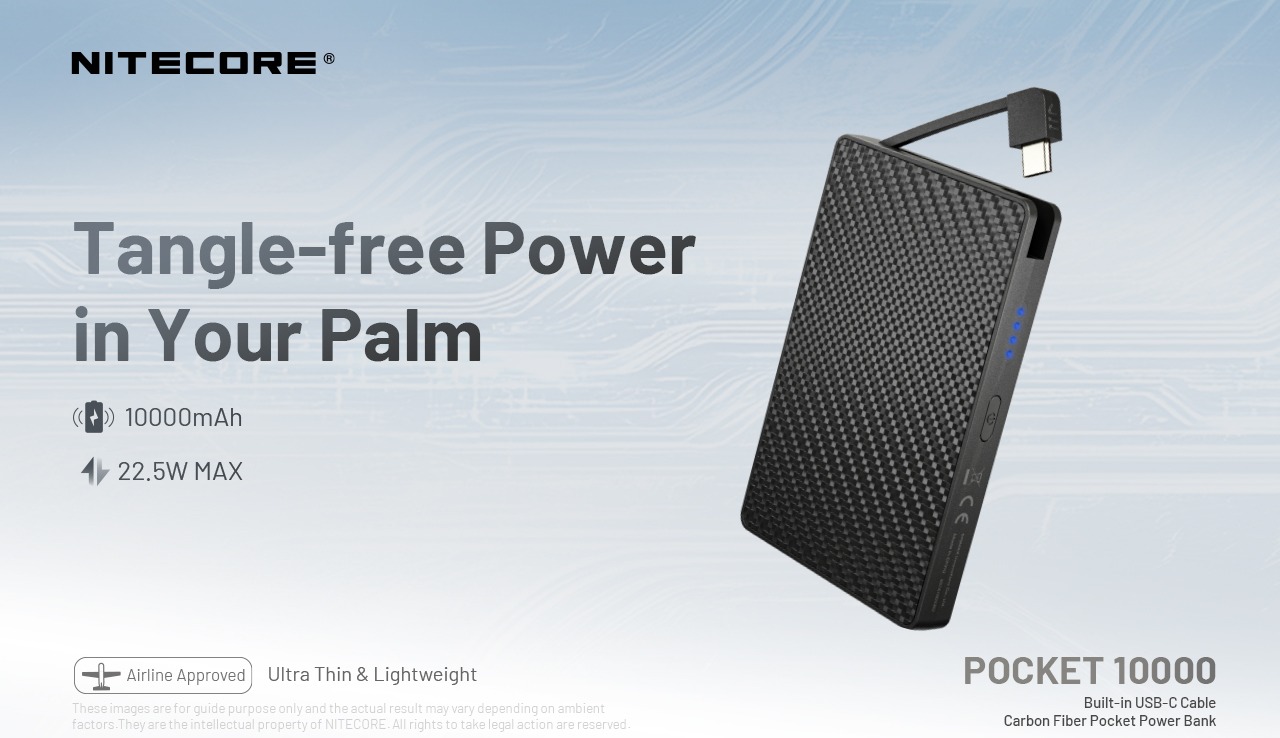 Nitecore POCKET 10000 karbónová powerbanka 10 000 mAh — vstavaný USB-C kábel a maximálny výstup 22,5 W