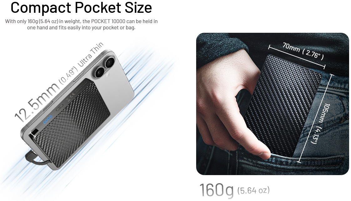 Nitecore POCKET 10000 rozmery 105 × 70 × 12,5 mm a hmotnosť 160 g — powerbanka vo vrecku džínsov