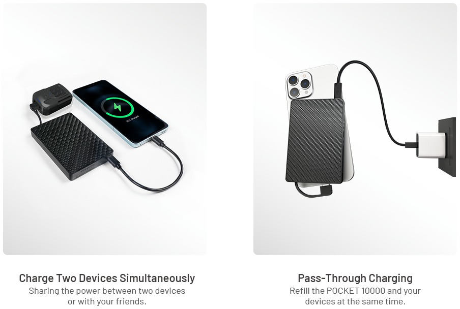 Nitecore POCKET 10000 nabíjanie dvoch zariadení naraz a pass-through — powerbanka sa dobíja a zároveň napája telefón