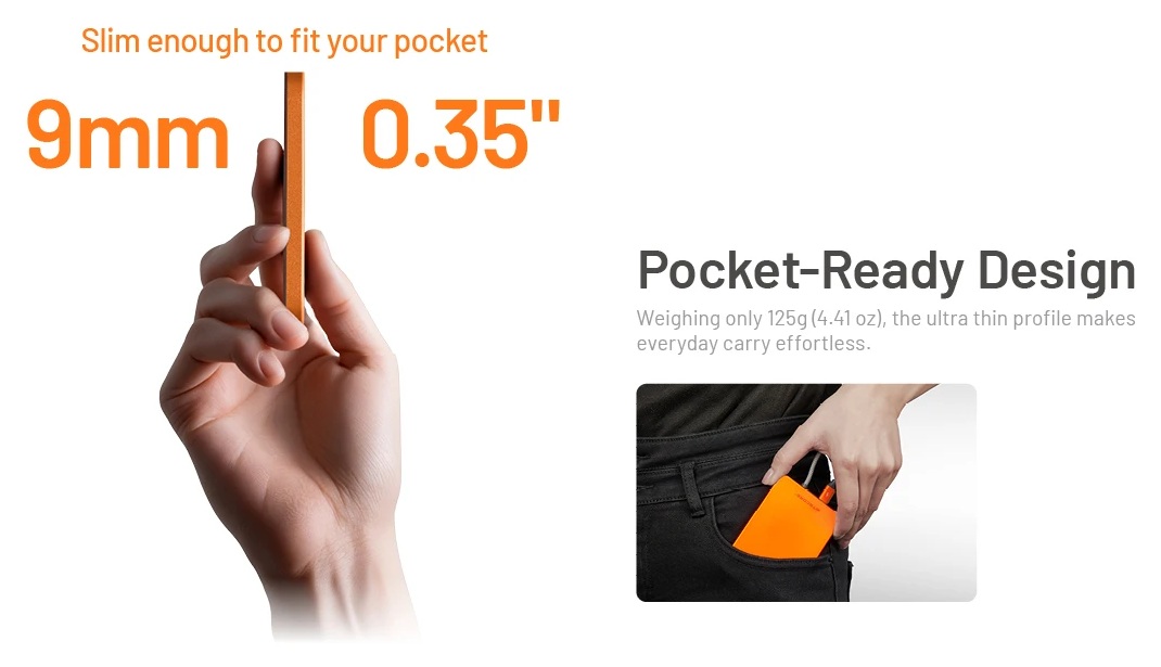 Nitecore POCKET 5 hrúbka 9 mm a hmotnosť 125 g — ultratenká powerbanka v ruke a vo vrecku rifieľ