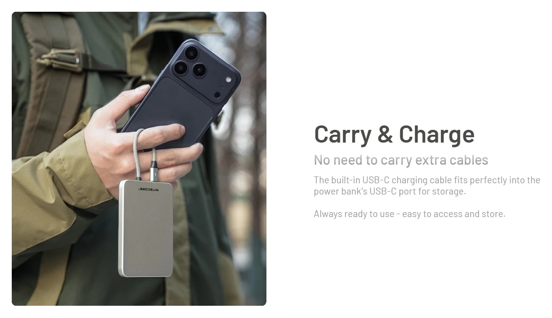 Nitecore POCKET 5 integrovaný USB-C kábel — zacvakne sa do vlastného portu a slúži ako pútko
