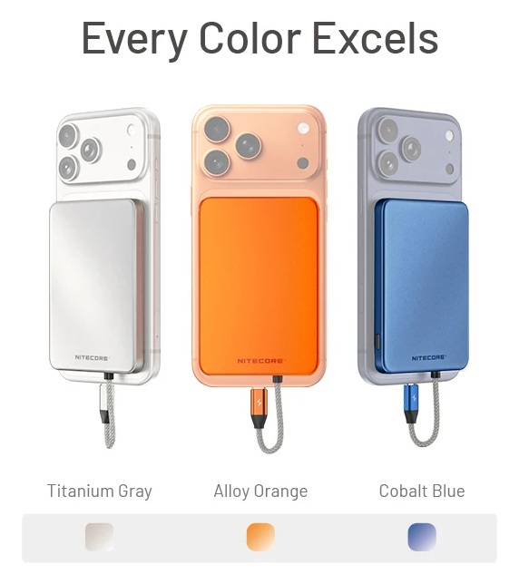 Nitecore POCKET 5 tri farby — Titanium Gray, Alloy Orange a Cobalt Blue, variant Alloy Orange