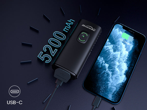 Grafika výrobcu k batérii 5200 mAh a USB-C konektoru cyklosvetla Magicshine RAY 1600B