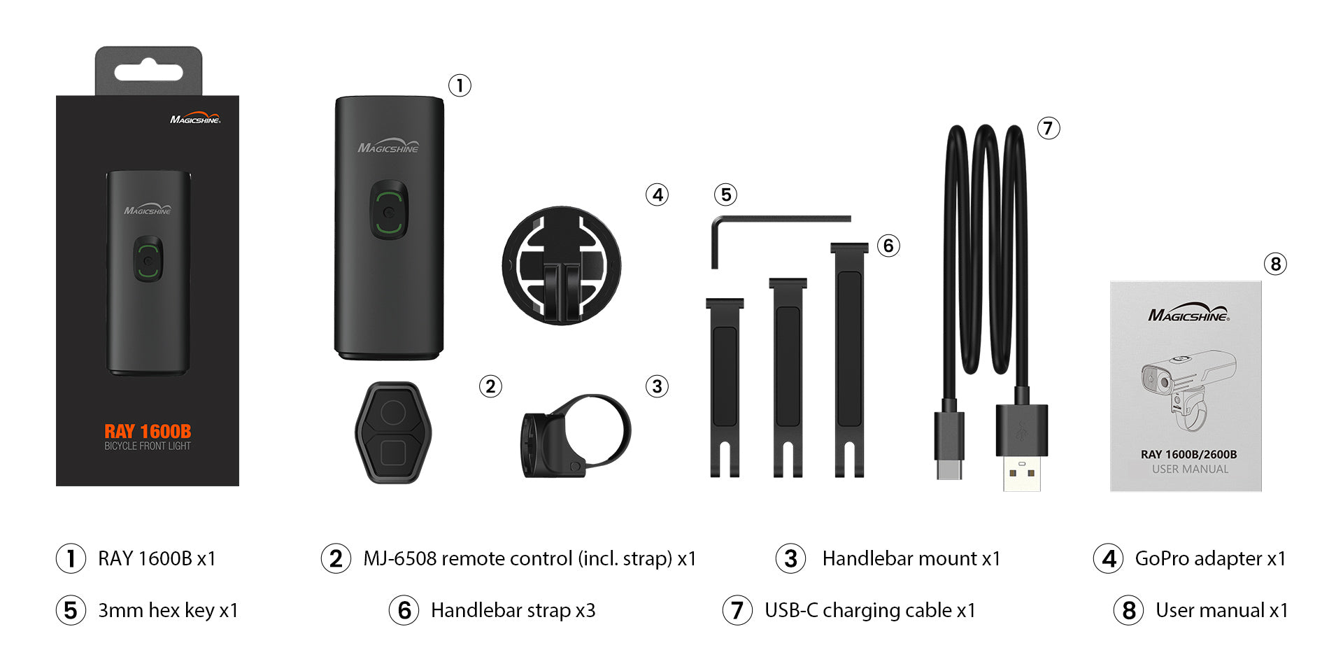 Obsah balenia Magicshine RAY 1600B — svetlo, ovládač MJ-6508, držiak, GoPro adaptér, tri pásiky, kľúč, kábel USB-C a návod