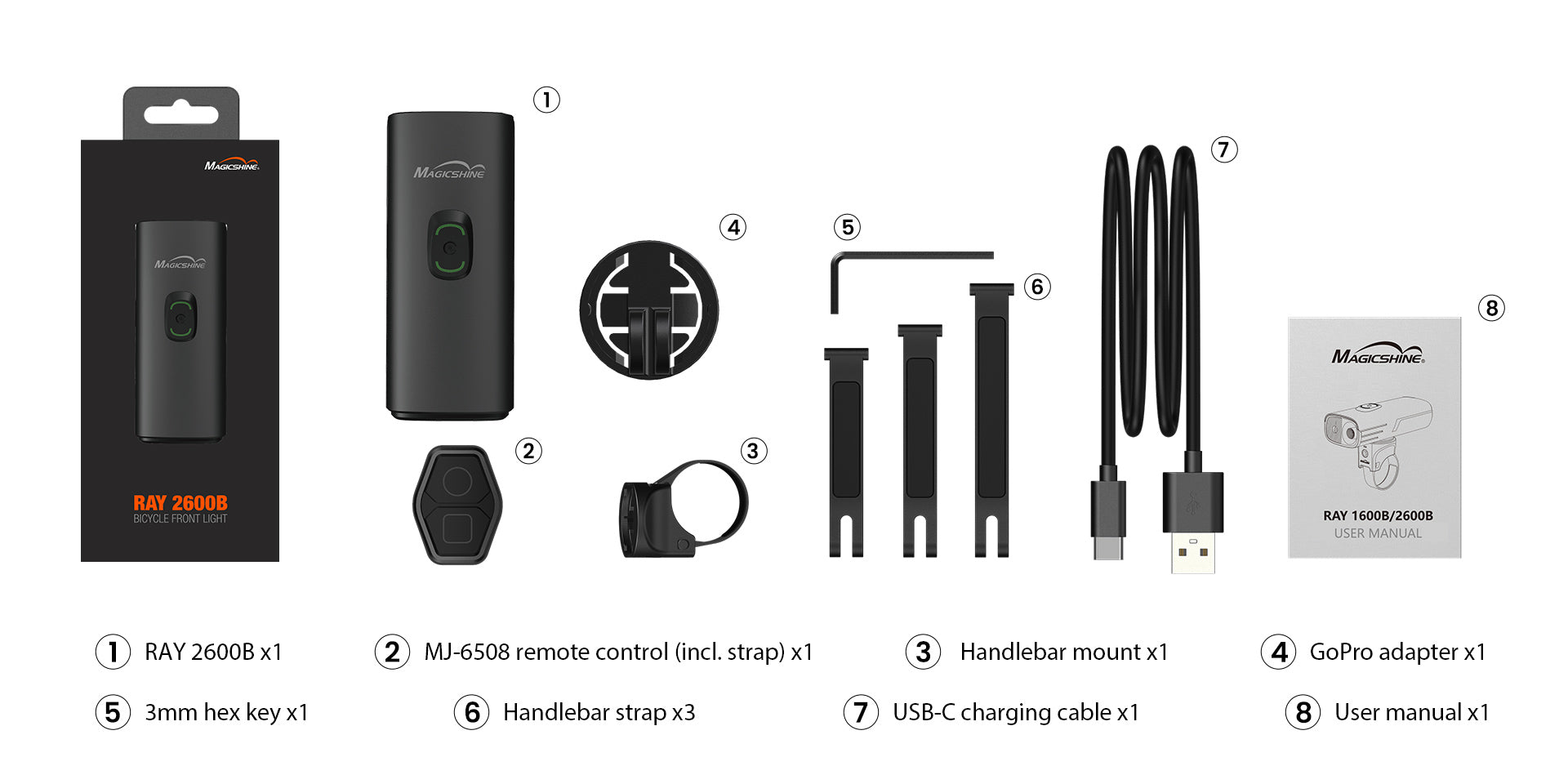 Obsah balenia Magicshine RAY 2600B — svetlo, ovládač MJ-6508, držiak, GoPro adaptér, tri pásiky, kľúč, kábel USB-C a návod