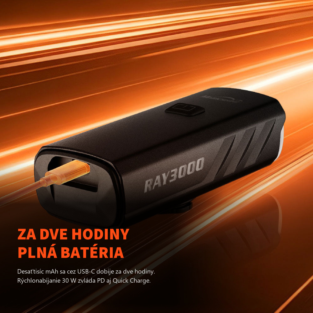 Magicshine RAY 3000 s nabíjacím káblom USB-C — rýchlonabíjanie 30 W dobije 10 000 mAh za dve hodiny