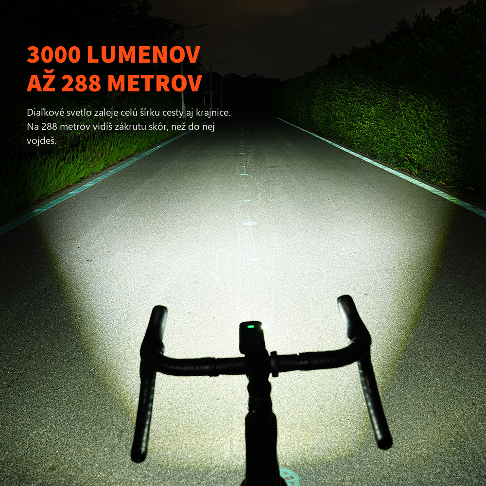Diaľkový režim Magicshine RAY 3000 osvetľuje celú šírku nočnej cesty aj krajnice pri dosvite 288 metrov