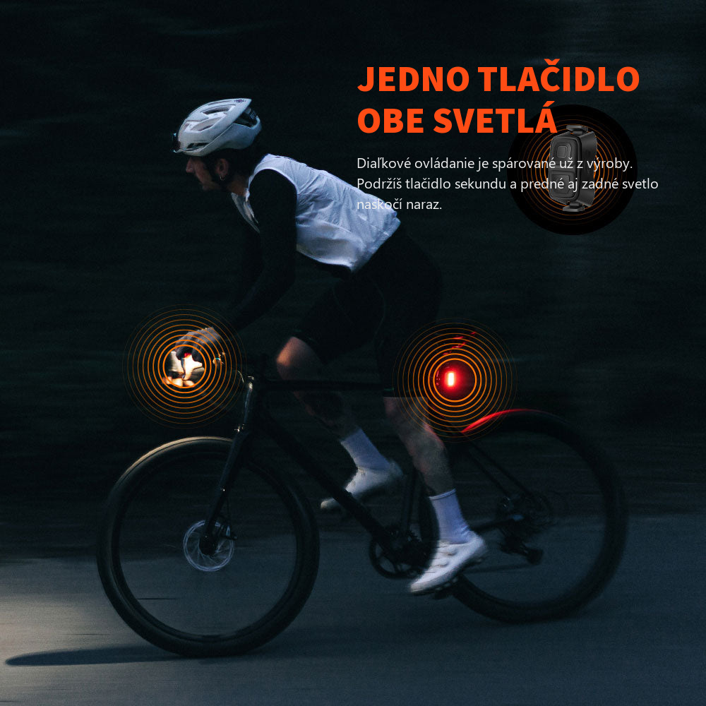 Magicshine RAY 3000 a zadné svetlo prepojené cez FTR LightSync, ovládač MJ-6558 na riadidlách bicykla
