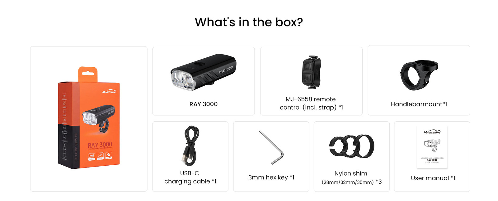 Obsah balenia Magicshine RAY 3000 — svetlo, ovládač MJ-6558, držiak, kábel USB-C, kľúč a tri nylonové redukcie