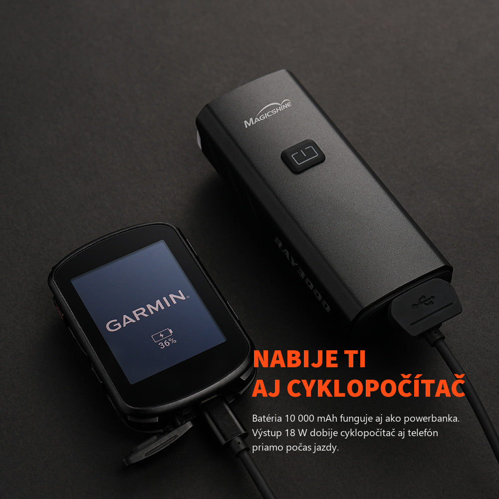 Magicshine RAY 3000 dobíja cyklopočítač Garmin cez USB-C — vstavaná powerbanka 10 000 mAh s výstupom 18 W