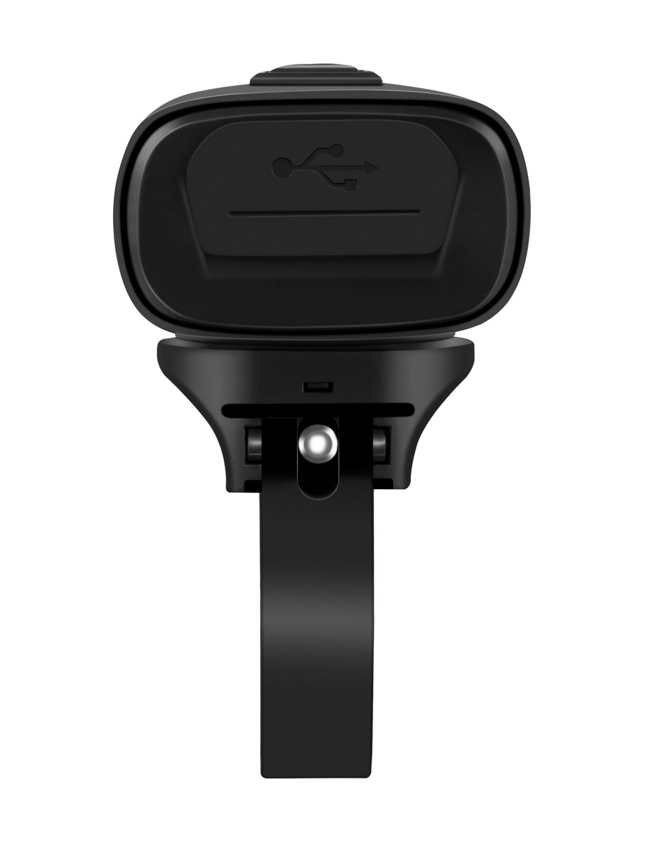 Zadná strana svetla Magicshine RAY 800 s gumovou krytkou nabíjacieho portu USB-C, pod svetlom držiak na riadidlá