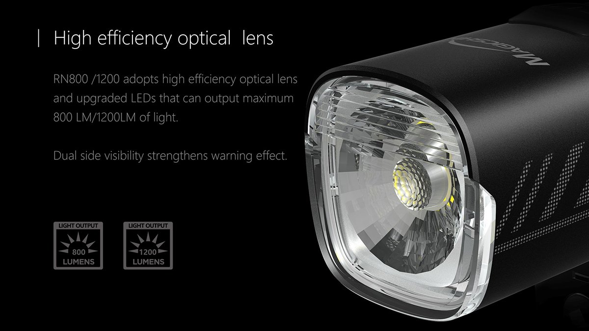 Makro detail optiky Magicshine RN 1200 &mdash; hranatá šošovka s LED čipom v strede a bočným presvetleným okienkom