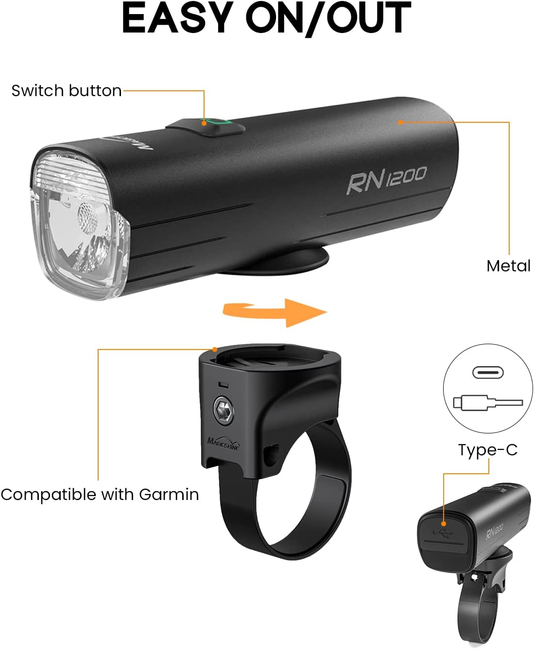 Grafika výrobcu k Magicshine RN 1200 &mdash; tlačidlo navrchu, kovové telo, kompatibilita s Garmin a port Type-C
