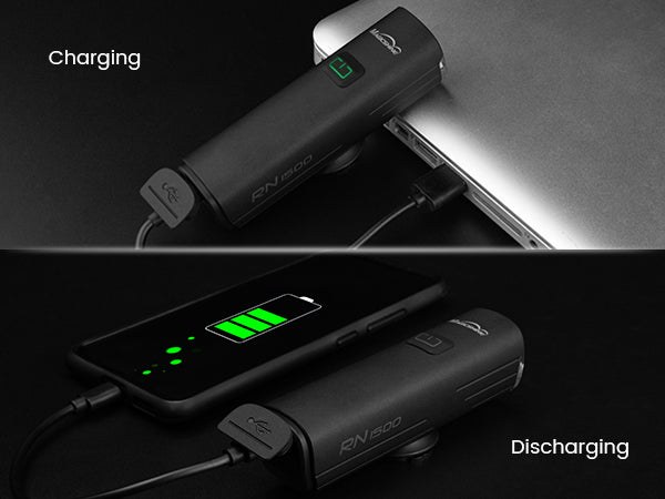 Grafika výrobcu: Magicshine RN1500 sa hore nabíja z notebooku, dole nabíja telefón cez port USB-C