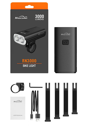 Obsah balenia Magicshine RN 3000 &ndash; svetlo, držiak na riadidlá, imbusový kľúč, kábel USB-C, pásiky a manuál