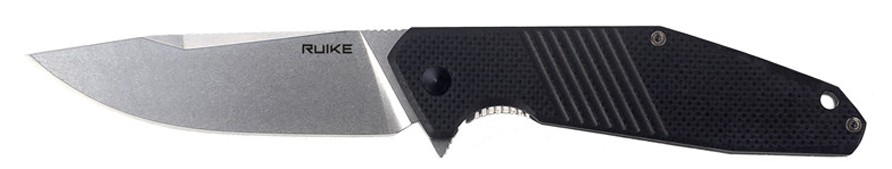 Ruike D191 čierny otvorený zboku – svetlá čepeľ 8Cr13MoV so stonewash povrchom, flipper a čierna rukoväť G10 s ryhami