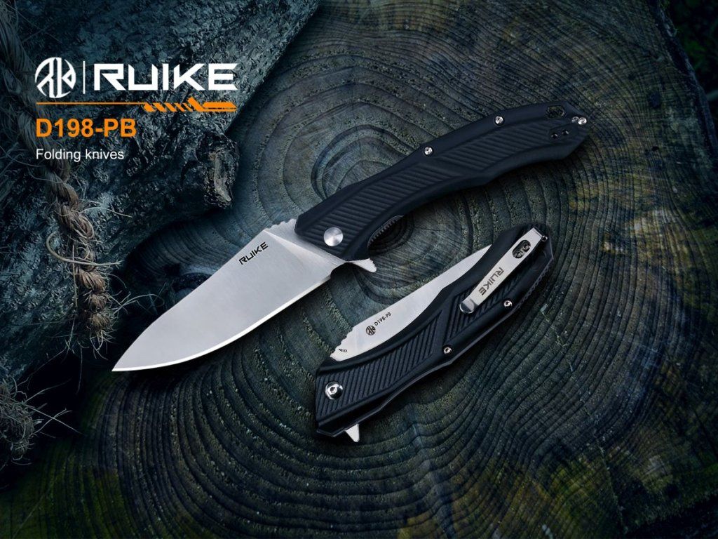 Ruike D198-PB zatvárací nôž – otvorený a zatvorený s klipom RUIKE, svetlá čepeľ a čierna rukoväť