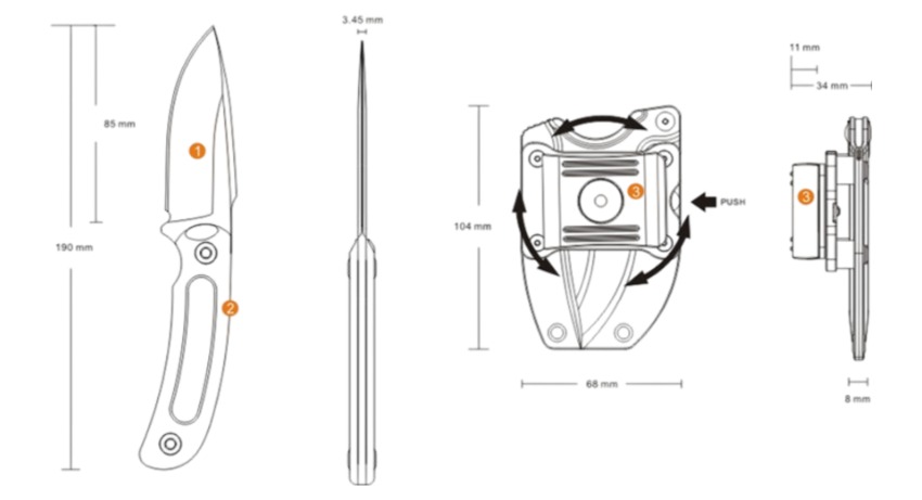 Ruike Hornet F815 – technický nákres noža a puzdra: celková dĺžka 190 mm, čepeľ 85 mm a puzdro s otočnou prackou