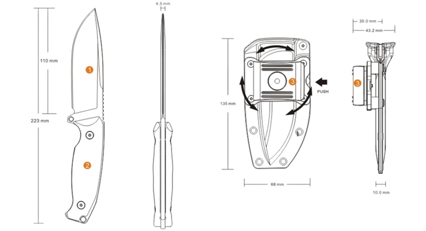 Ruike Jager F118 – technický nákres noža a puzdra: dĺžka 223 mm, čepeľ 110 mm, hrúbka čepele 4,5 mm a otočná pracka