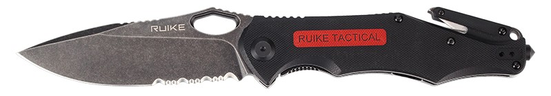 Ruike M195 otvorený zboku – čierna čepeľ D2 s čiastočne zúbkovaným ostrím, rukoväť z G10, rozbíjač skla a rezák