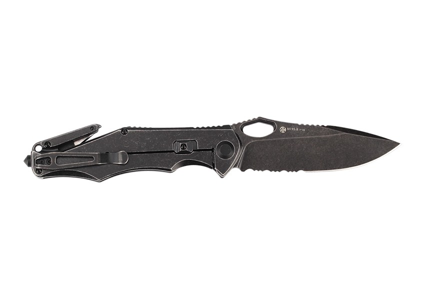 Ruike M195 otvorený zo strany oceľového rámu – zámok frame lock, poistka Beta Plus na ráme a odnímateľný klip