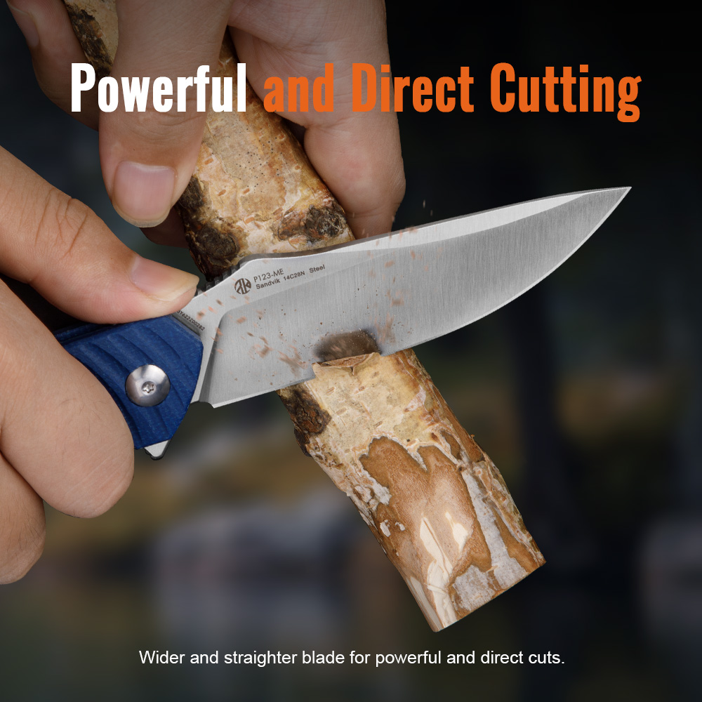 Infografika Ruike P123 Powerful and Direct Cutting – modrý nôž so svetlou čepeľou strúha drevený konár
