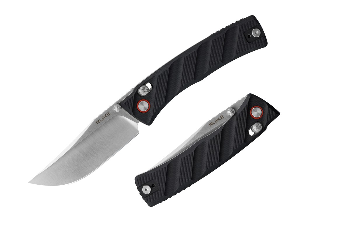 Ruike P856 čierny otvorený a zatvorený vedľa seba – zatvárací nôž 188 mm s čepeľou 79 mm a rukoväťou z čiernej G10