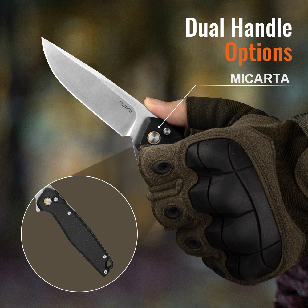 Ruike P873 čierny v ruke v rukavici – rukoväť z Micarty a svetlá čepeľ hore, infografika Dual Handle Options Micarta