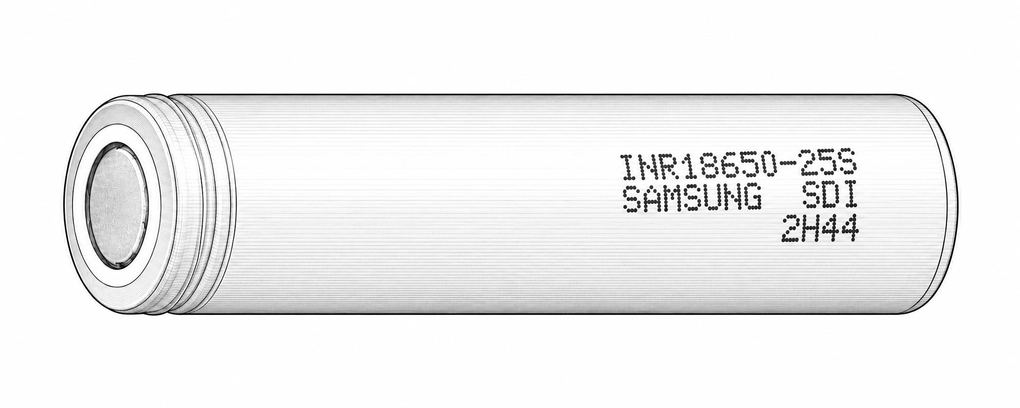 Samsung INR18650-25S Flat top – vlastná technická ilustrácia kontaktu a označenia priemyselného článku