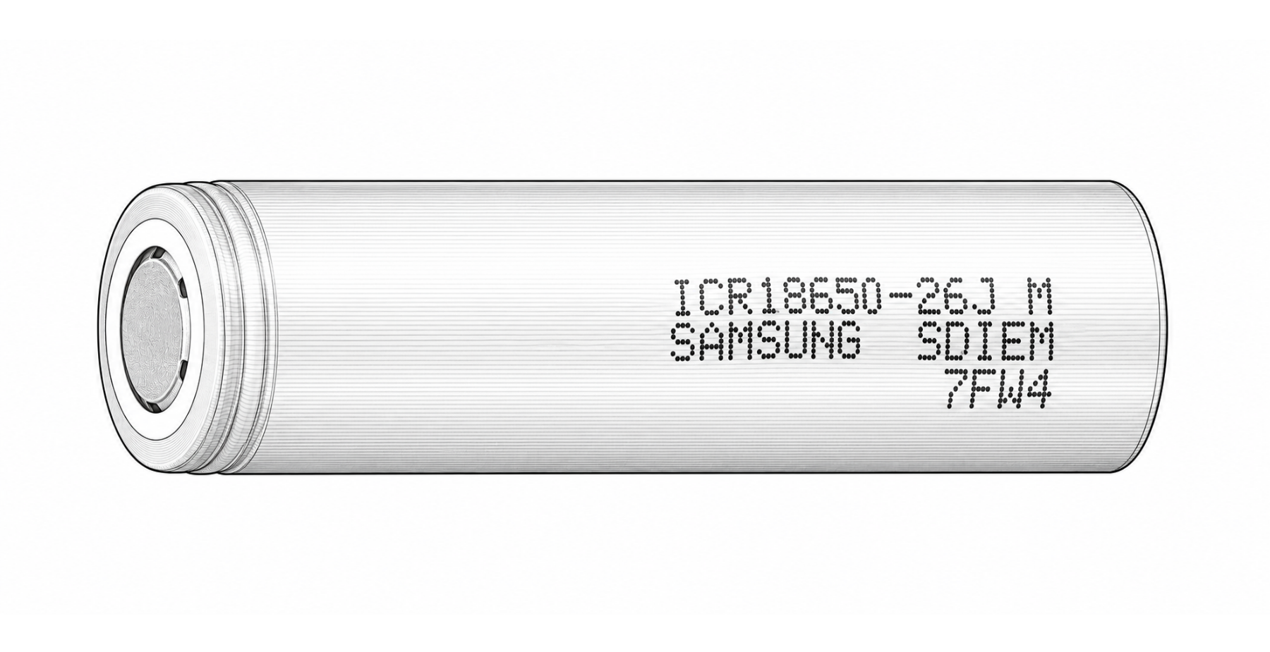 Samsung ICR18650-26J Flat top – vlastná technická ilustrácia kontaktov priemyselného Li-ion článku