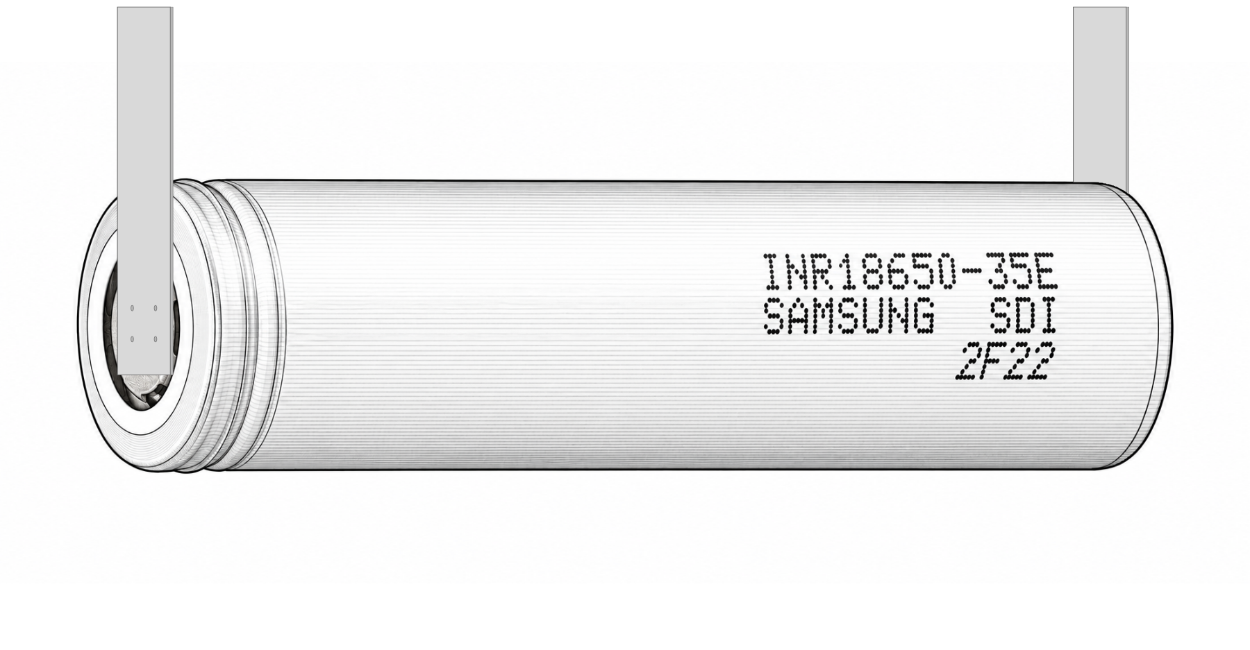 Samsung INR18650-35E Vývody U – vlastná technická ilustrácia súbežných plieškových vývodov