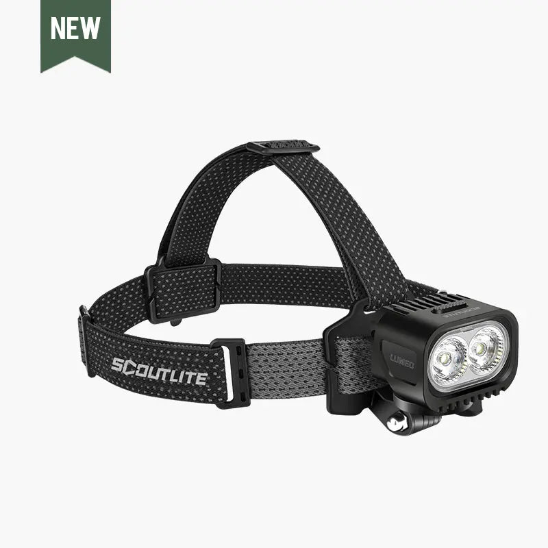 Scoutlite LUMEO 4000 &ndash; výkonná čelovka s dvoma LED a popruhom s nápisom SCOUTLITE