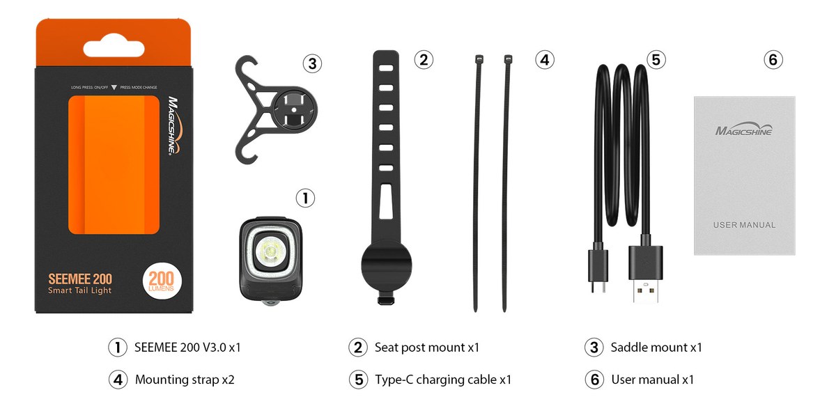 Grafika obsahu balenia od výrobcu Magicshine: SEEMEE 200 V3.0, dva držiaky, dva pásiky, kábel USB-C a návod