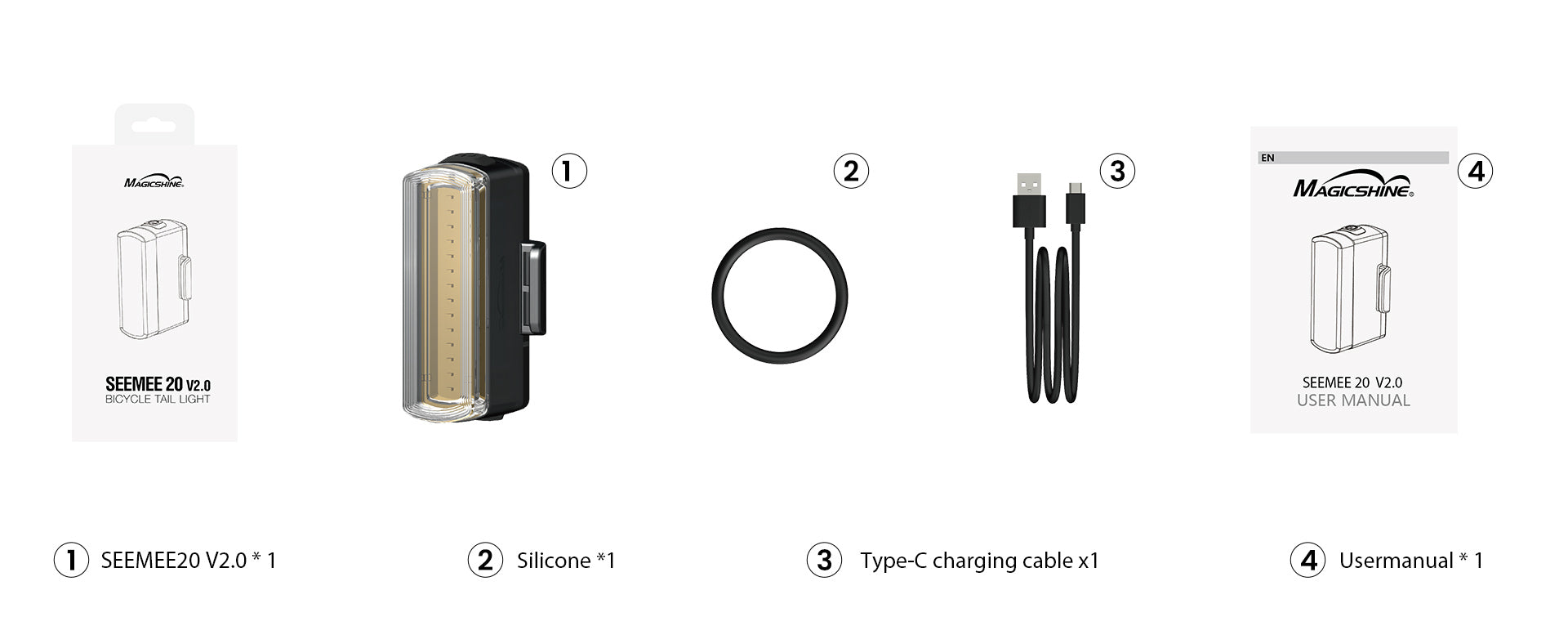 Obsah balenia Magicshine SEEMEE 20 V2.0 — svetlo, silikónový krúžok, USB-C kábel a návod