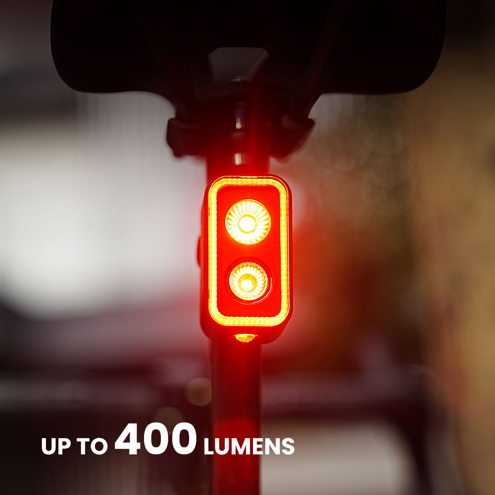 Magicshine SEEMEE 400 ANT+ svieti načerveno na sedlovke, grafika výrobcu s údajom až 400 lúmenov