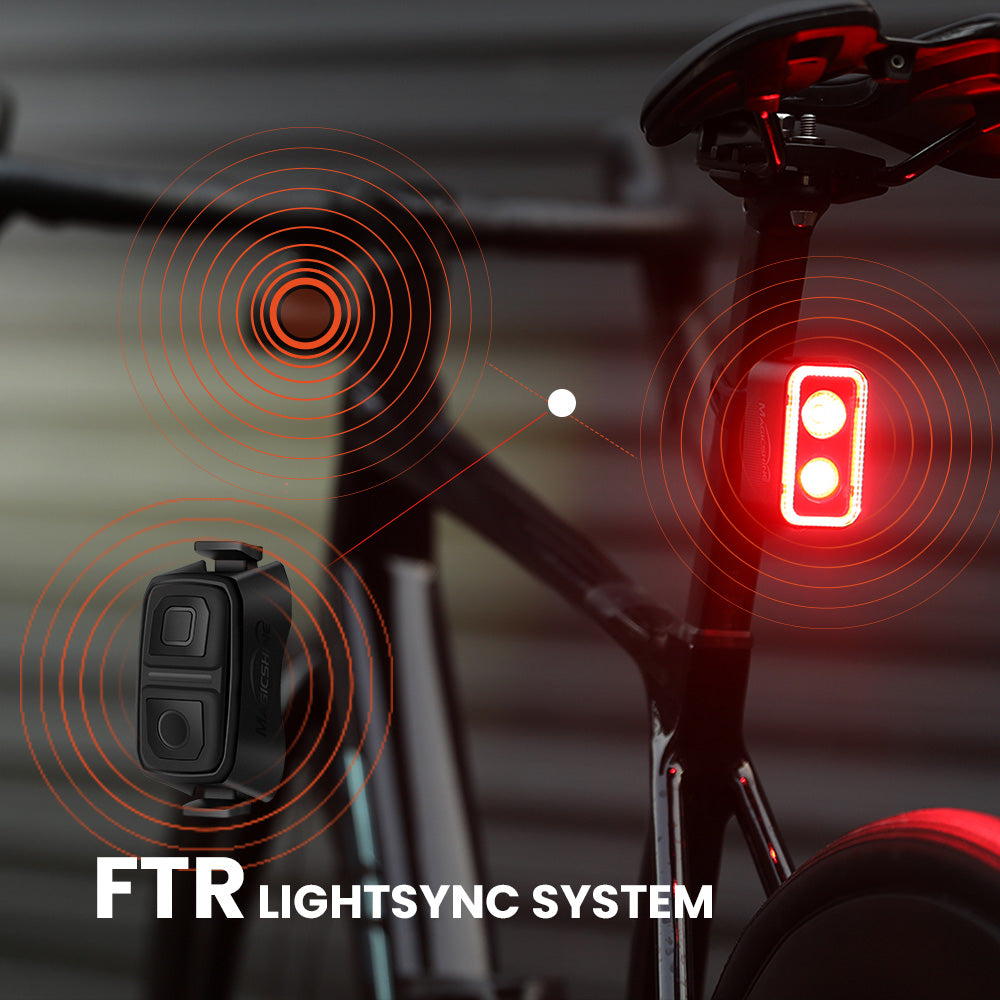 Grafika výrobcu Magicshine: diaľkový ovládač FTR LightSync spojený signálom s predným a zadným svetlom na bicykli