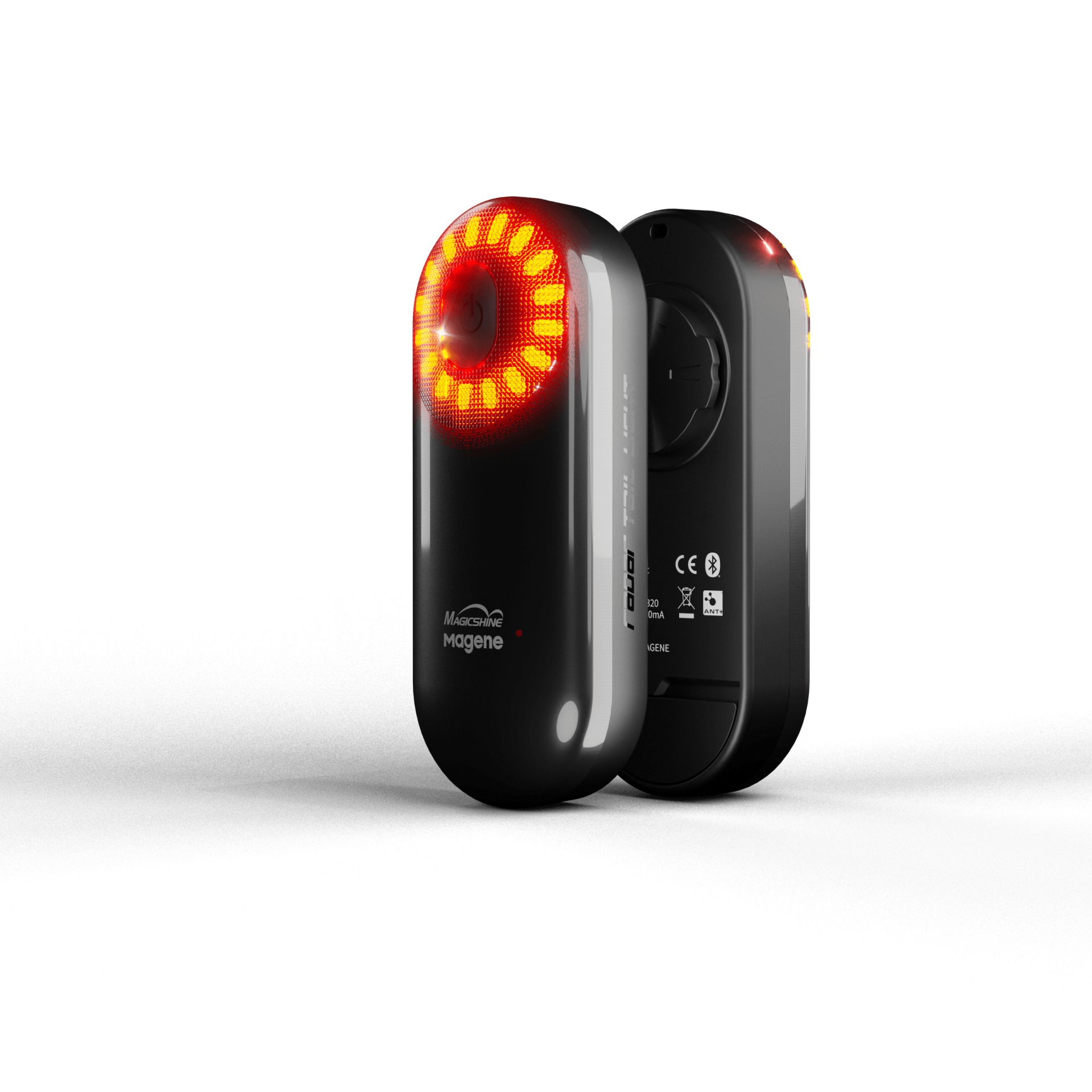 Chrbát zadného svetla Magicshine SEEMEE 508 so štvrťotáčkovým tanierom, ktorý zapadá do sedlového držiaka, a značkami CE, Bluetooth a ANT+