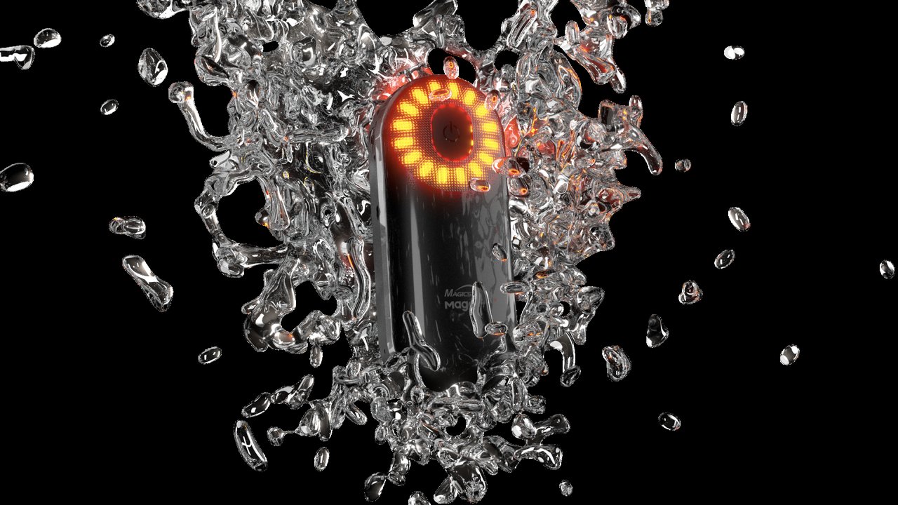 Magicshine SEEMEE 508 Radar v spŕške vody so svietiacim červeným prstencom &mdash; krytie IPX7