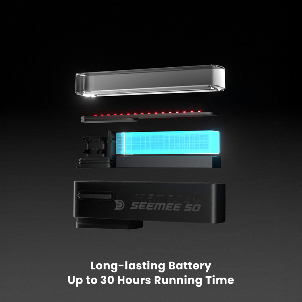 Rozložený pohľad na Magicshine SEEMEE 50 PRO: šošovka, pás LED diód, akumulátor a telo, grafika výrobcu Up to 30 Hours Running Time