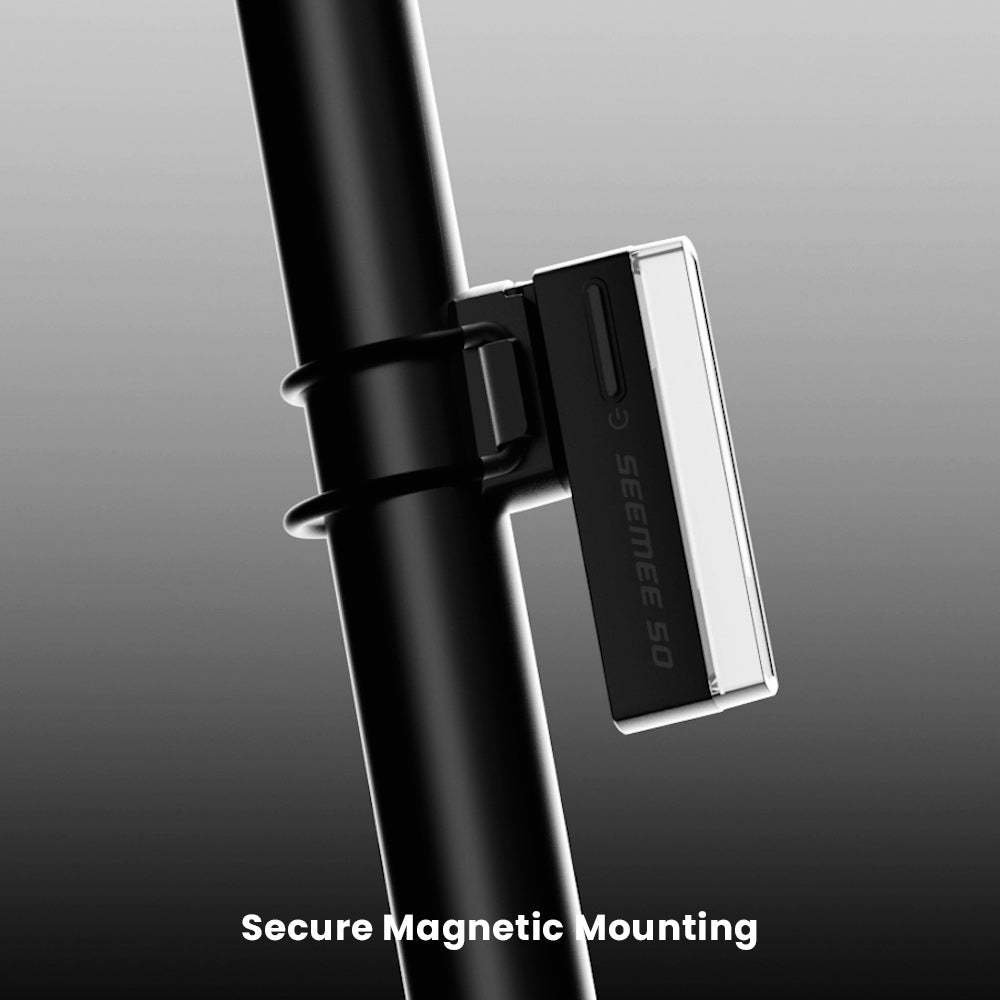Magicshine SEEMEE 50 PRO pripnuté magnetom na silikónovom podklade so sedlovkou, grafika výrobcu Secure Magnetic Mounting
