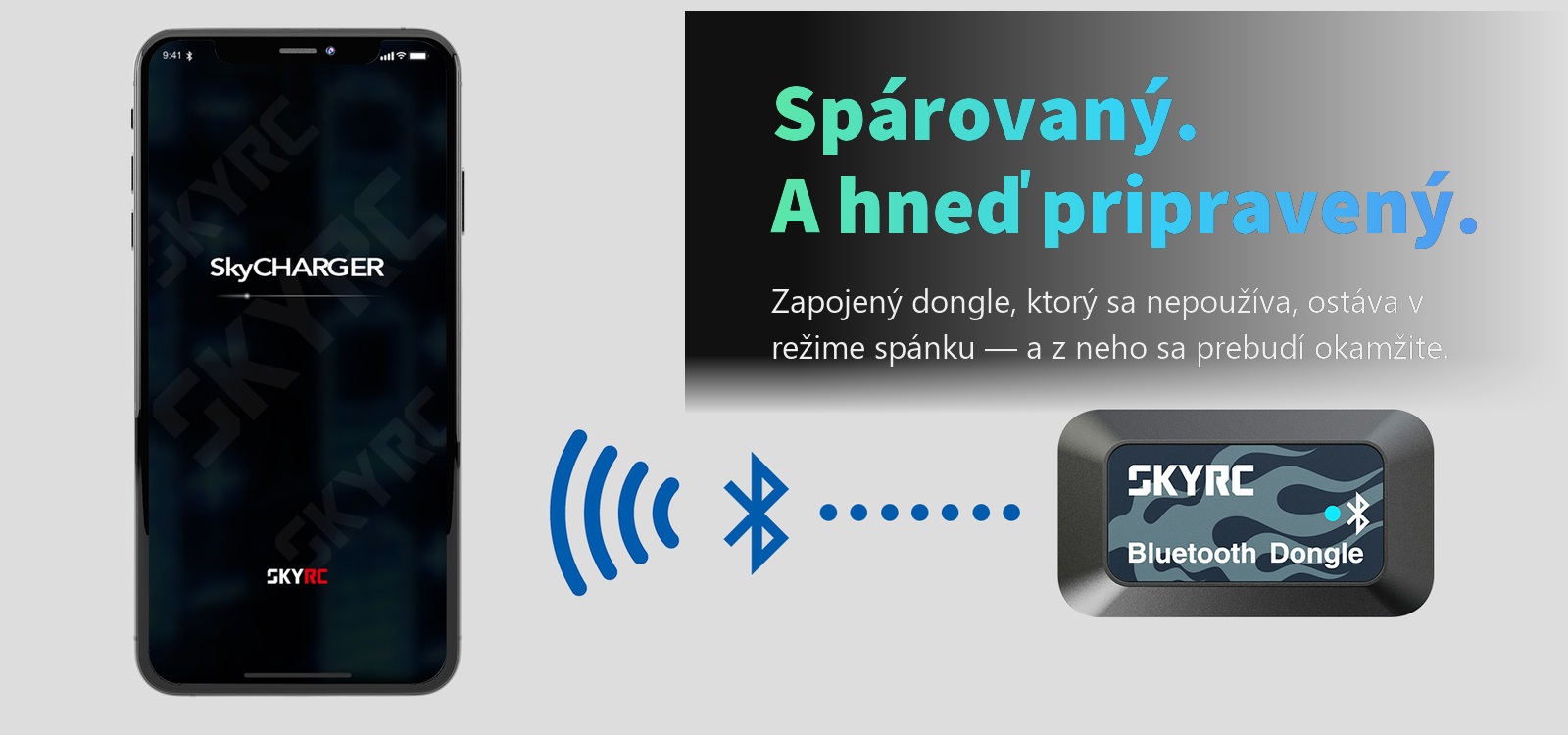 SkyRC Bluetooth Dongle spárovaný s telefónom &ndash; z režimu spánku sa prebudí okamžite