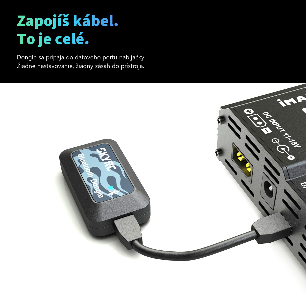 Pripojenie SkyRC Bluetooth Dongle káblom do dátového portu nabíjačky SkyRC