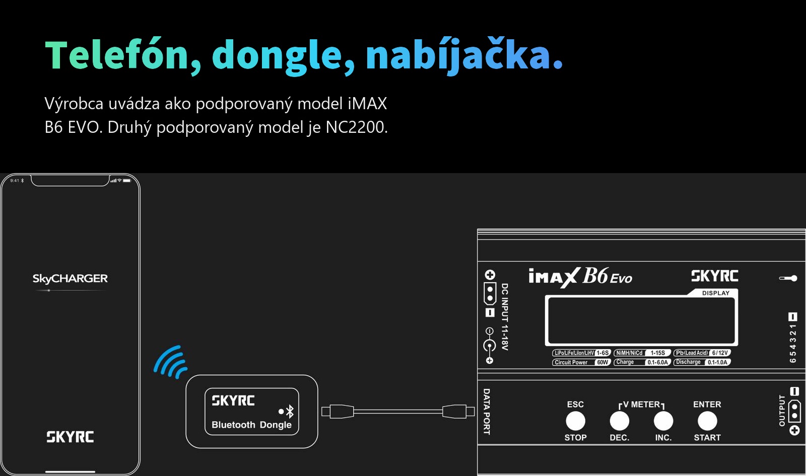 Schéma spojenia SkyRC Bluetooth Dongle &ndash; telefón, dongle a nabíjačka iMAX B6 EVO