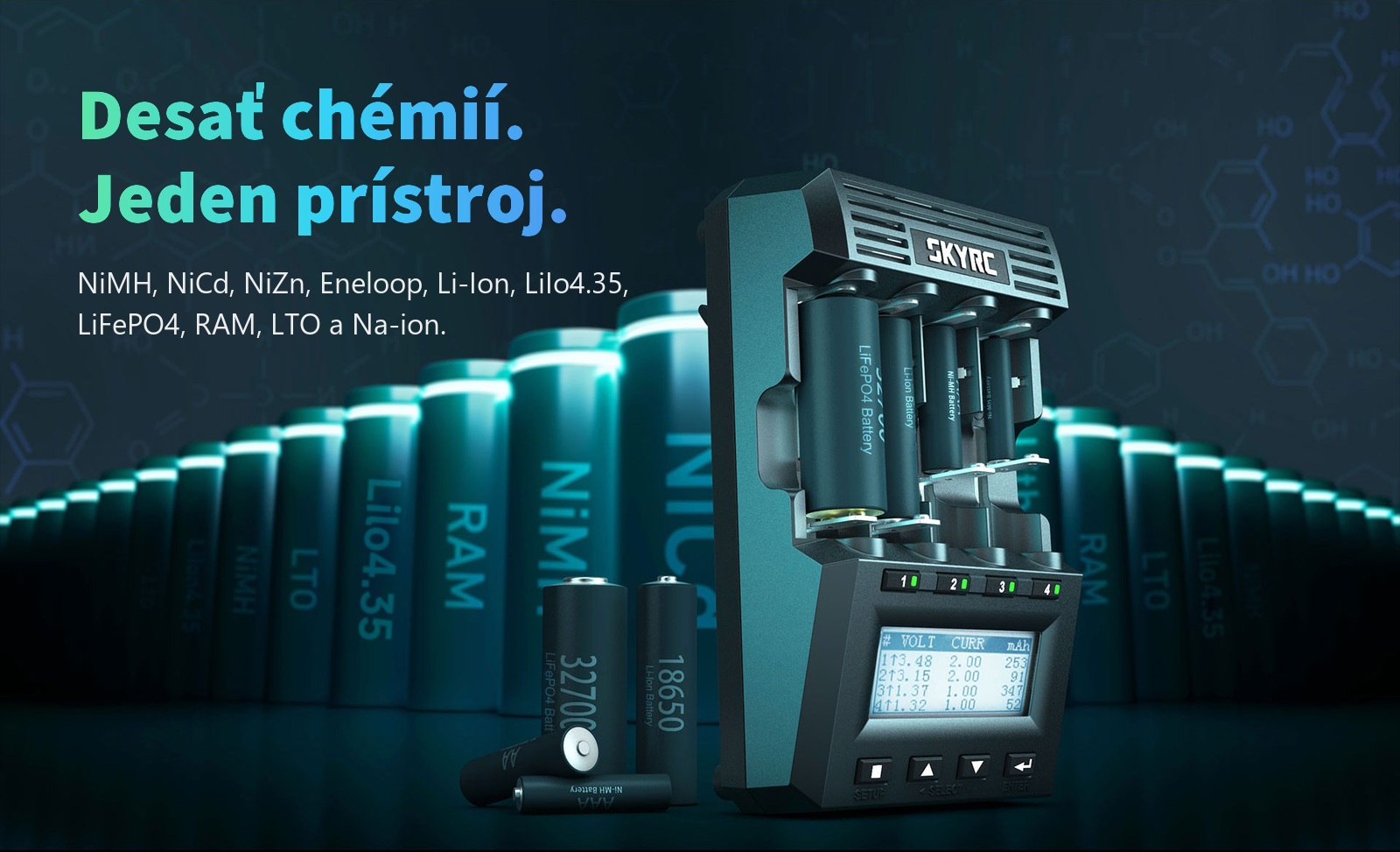 SkyRC MC3000 s prehľadom desiatich podporovaných chémií článkov od NiMH cez Li-Ion až po LTO a Na-ion