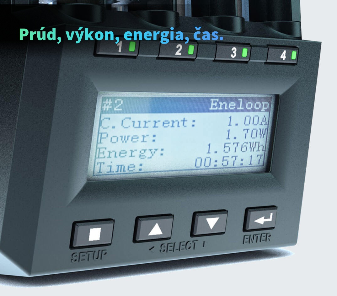 Detail displeja SkyRC MC3000 s údajmi o prúde, výkone, energii a čase pre článok Eneloop