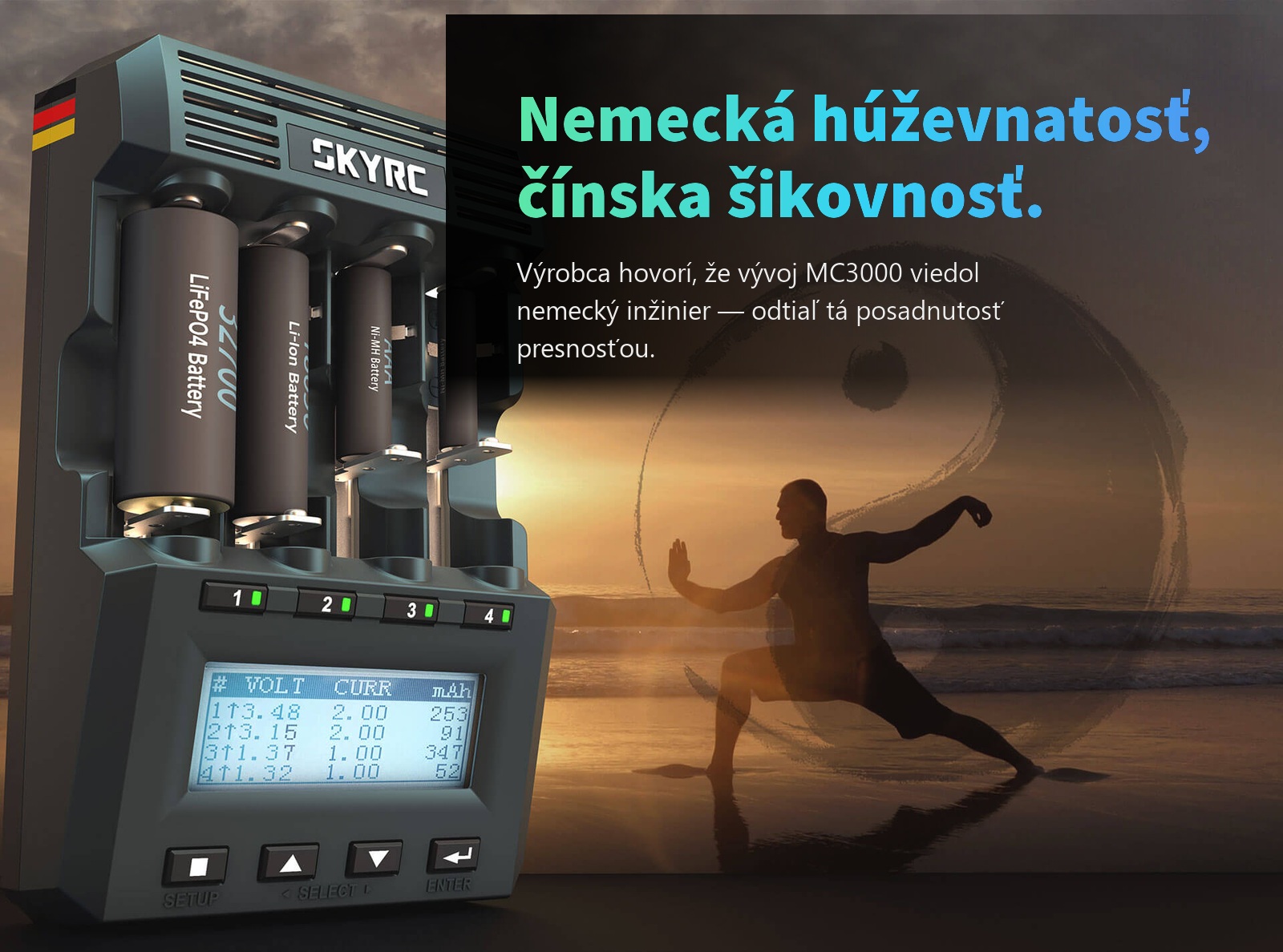 SkyRC MC3000 s nemeckou vlajkou na boku a siluetou cvičiaceho tai-či pri západe slnka