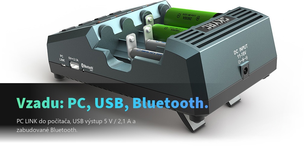 Zadná strana nabíjačky SkyRC MC3000 s portom PC LINK, USB výstupom 5 V 2,1 A a DC vstupom 11 až 18 V